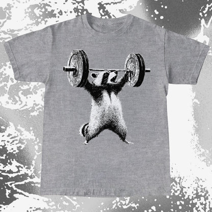 Gray t-shirt with a graphic of a badger lifting weights on a distressed gray background