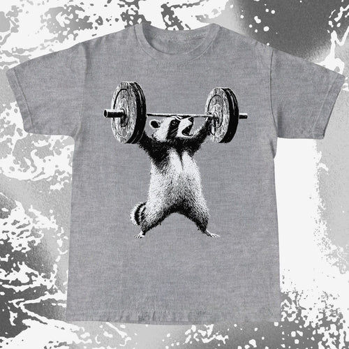 Gray t-shirt with a graphic of a badger lifting weights on a distressed gray background