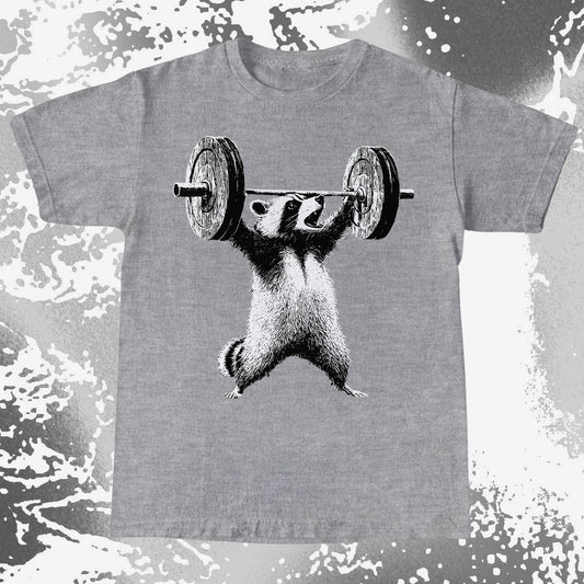 Gray t-shirt with a graphic of a badger lifting weights on a distressed gray background