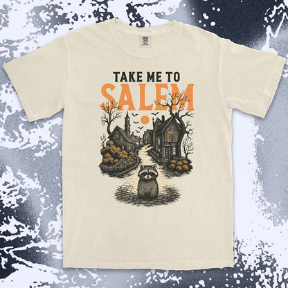 Raccoon in haunted Salem street Halloween gothic spooky shirt