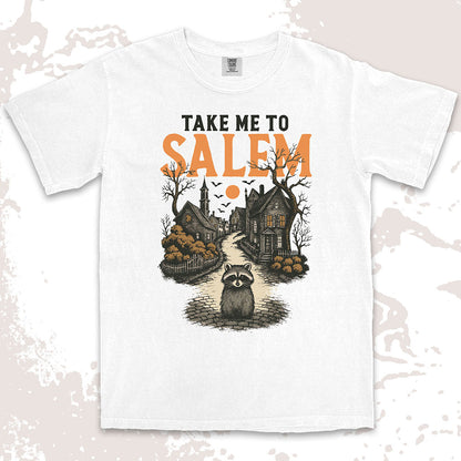 Raccoon in haunted Salem street Halloween gothic spooky shirt