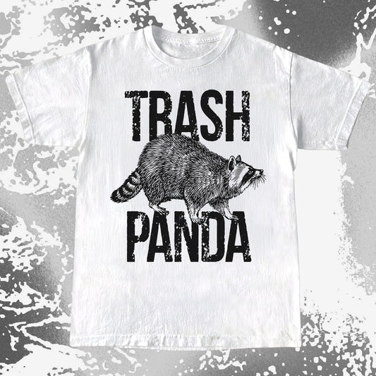 Vintage style raccoon illustration with bold distressed text reading “Trash Panda”