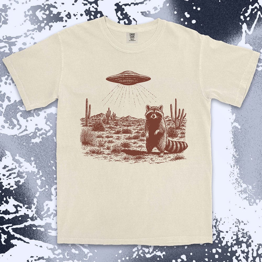 UFO desert raccoon shirt alien abduction trash panda tee