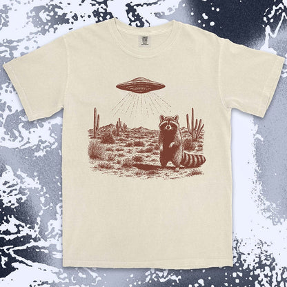 UFO desert raccoon shirt alien abduction trash panda tee