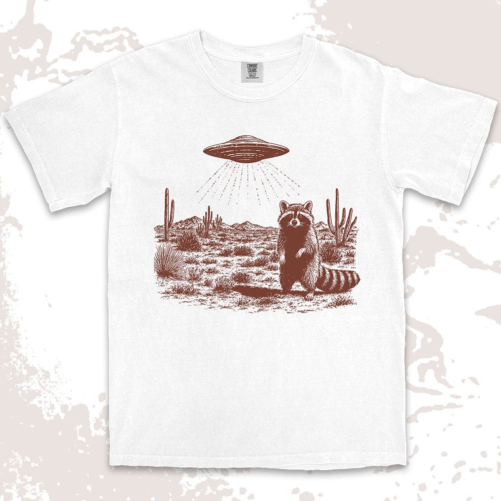 UFO desert raccoon shirt alien abduction trash panda tee