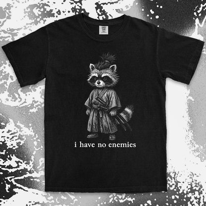 Raccoon samurai warrior with twin swords and quote I have no enemies Japanese anime shirt