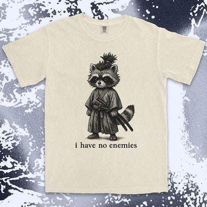 Raccoon samurai warrior with twin swords and quote I have no enemies Japanese anime shirt