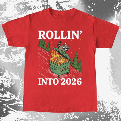 Rollin’ Into 2026 Raccoon Dumpster Fire Christmas Shirt