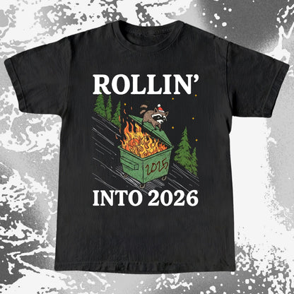 Rollin’ Into 2026 Raccoon Dumpster Fire Christmas Shirt