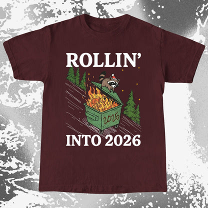 Rollin’ Into 2026 Raccoon Dumpster Fire Christmas Shirt