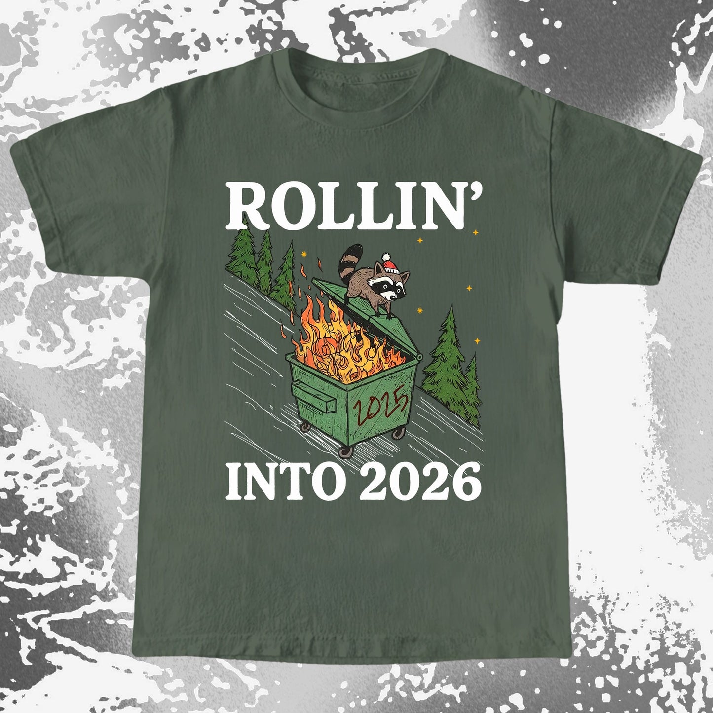Rollin’ Into 2026 Raccoon Dumpster Fire Christmas Shirt