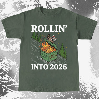 Rollin’ Into 2026 Raccoon Dumpster Fire Christmas Shirt