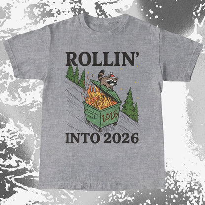 Rollin’ Into 2026 Raccoon Dumpster Fire Christmas Shirt