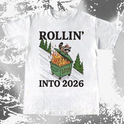 Rollin’ Into 2026 Raccoon Dumpster Fire Christmas Shirt