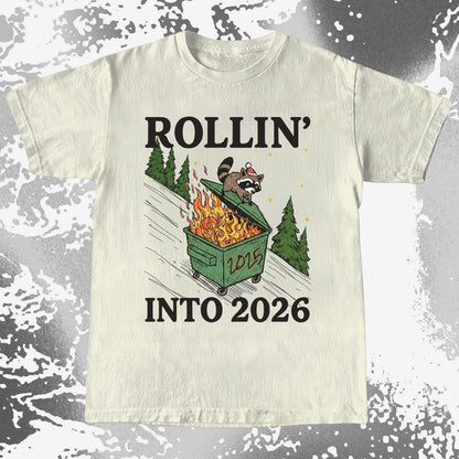 Rollin’ Into 2026 Raccoon Dumpster Fire Christmas Shirt