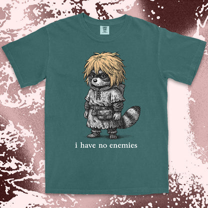 Raccoon warrior with golden hair and quote I have no enemies anime fantasy shirt