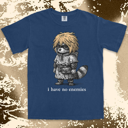 Raccoon warrior with golden hair and quote I have no enemies anime fantasy shirt