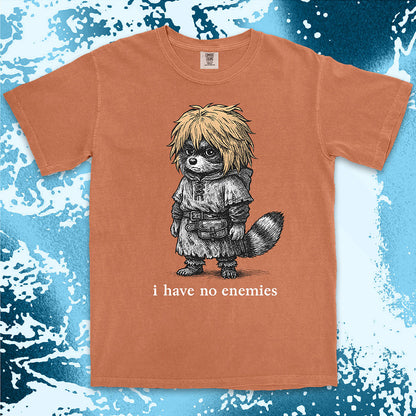 Raccoon warrior with golden hair and quote I have no enemies anime fantasy shirt