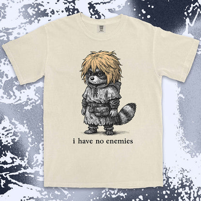 Raccoon warrior with golden hair and quote I have no enemies anime fantasy shirt
